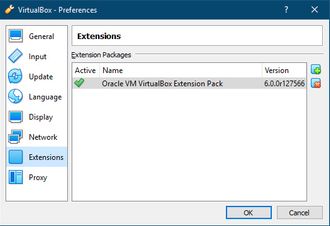 Installering av utvidelsespakken i Preferences-valgene i VirtualBox 6.
