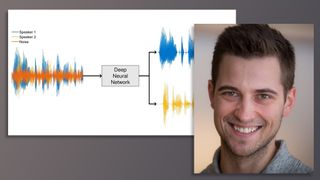 Portrettfoto av Morten Kolbæk på bakgrunn som viser illustrasjon av hvordan stemmer separeres fra støy.