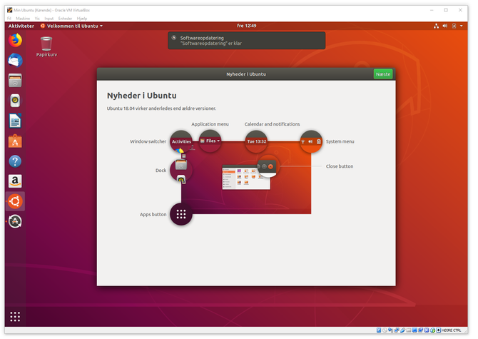 Skrivebordet til Ubuntu Linux kjører i et Virtualbox-vindu.