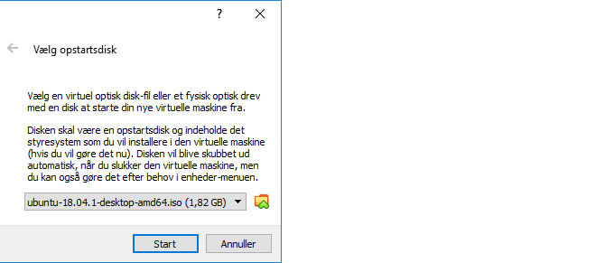 Dialogboks som viser valg av oppstartsdisk for operativsystemet som skal installeres under Virtualbox.