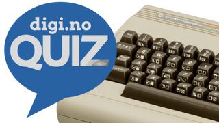 quiz-logo, med Commodore 64 i bakgrunnen
