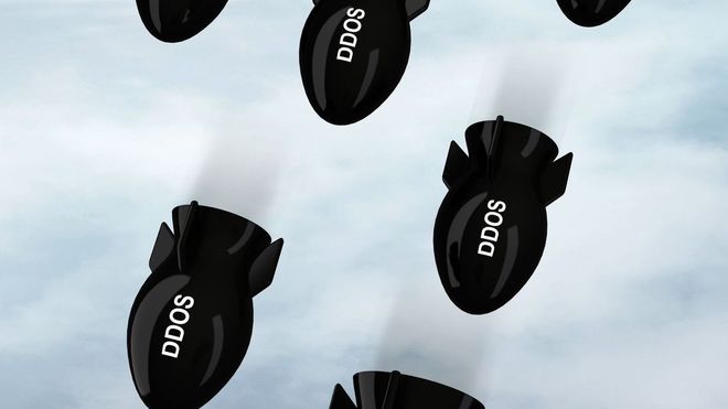Flere fallende bomber med teksten "DDoS" 