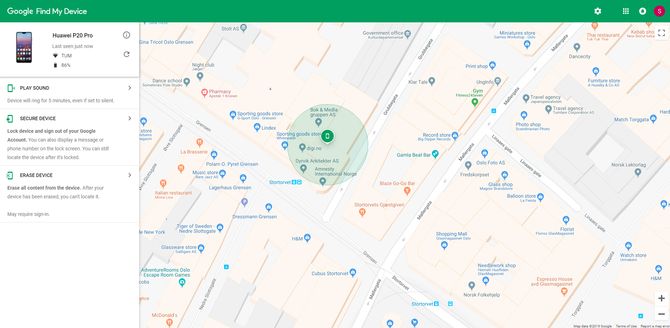 Skjermbilde av Googles «Find my device»-side.