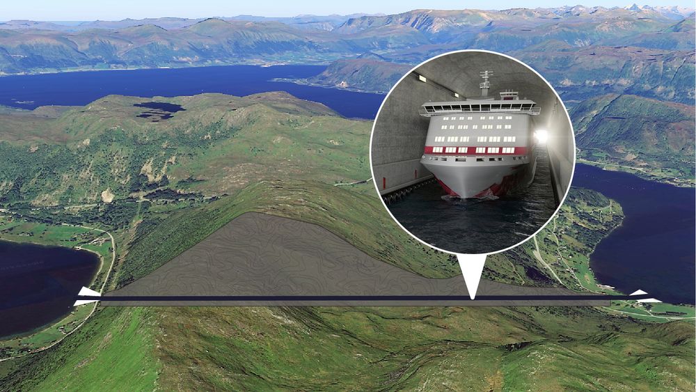 Hullet skal bores i traseen, som går gjennom fjellet fra Moldefjorden ved Selje (til venstre) til Vanylvsfjorden til høyre.