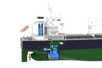 Illustrasjonen viser plassering av scrubber bak dekkshus (blå enhet). De grønne enheter og tanker inngår i et NOx-rensesystem med katalysator og urea (SCR) for å tilfredsstille Tier III-krav.
