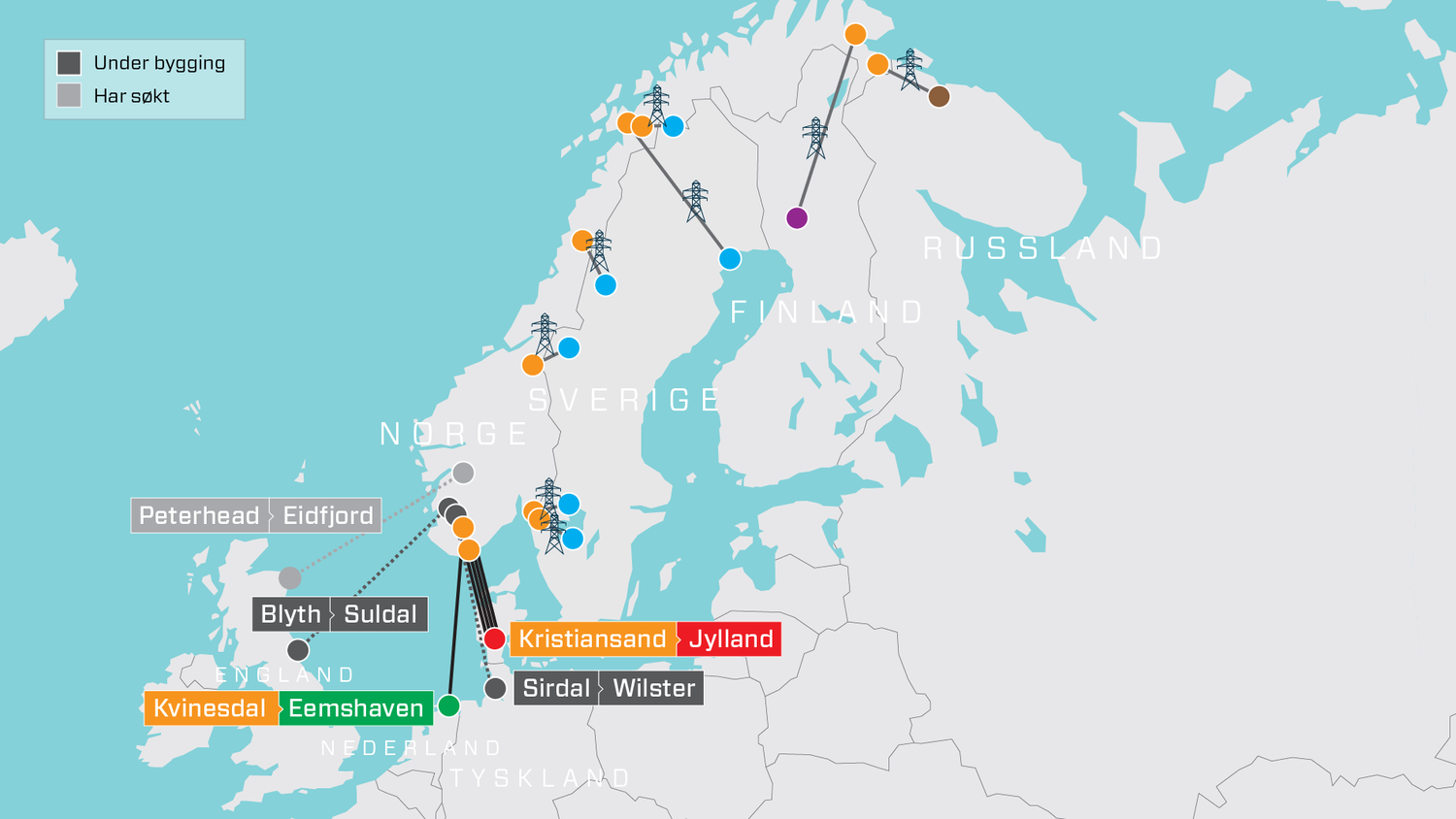 Схема подводных кабелей из Норвегии. Все, кроме Peterhead-Eidfjord уже эксплуатируются
