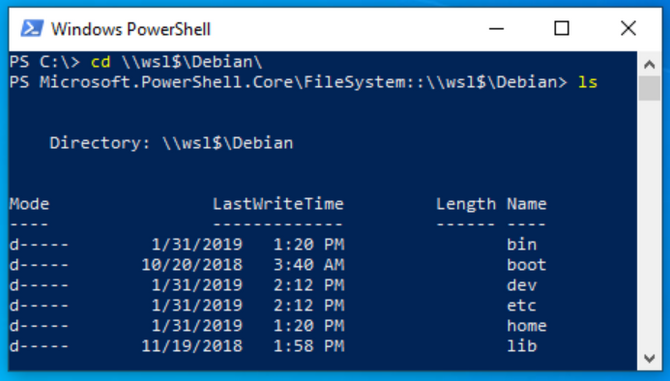 Windows PowerShell med tilgang til filene i Windows Subsystem for Linux.