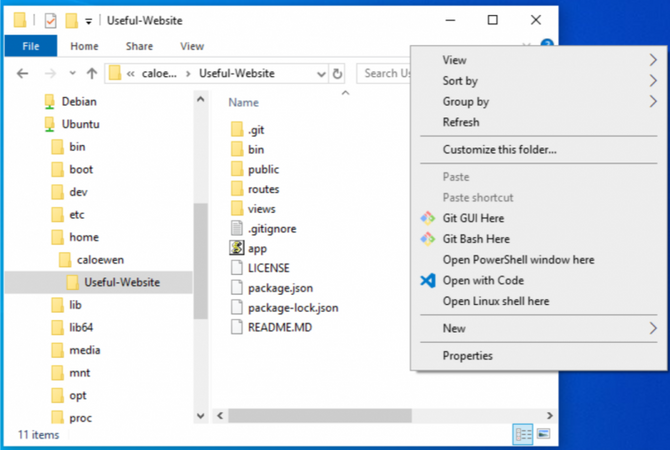 Filutforskeren i Windows 10 viser filer i Windows Subsystem for Linux, sammen med en kontekstmeny.