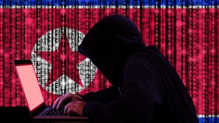 Mann i hettegenser sitter ved laptop foran nordkoreansk flagg.