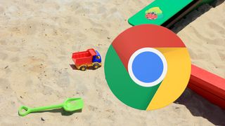 Sandkasse hvor lekene har brutt seg ut, sammen med Google Chrome-logo.