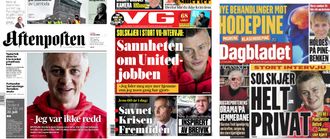 Montasje av papiravisene Aftenposten, VG og Dagbladet lørdag.
