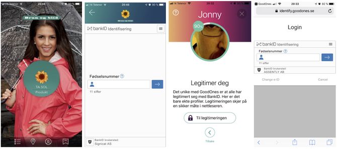 Slik ber henholdsvis Brun og blid-appen og GoodOnes-appen om BankID.