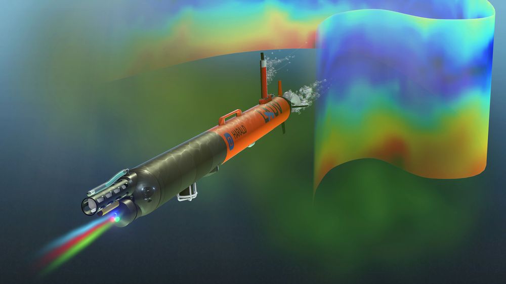 Fotomontasje/illustrasjon som viser "Harald" - en lett, autonom undervannsfarkost (LAUV). Trygve O. Fossum programmerte den til selv å avgjøre hvor det var mest fornuftig å samle inn mer data om plankton utenfor Runde.