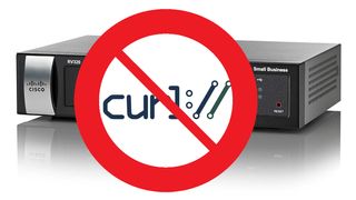 Cisco-ruteren RV320 og et skilt som viser forbud mot curl.