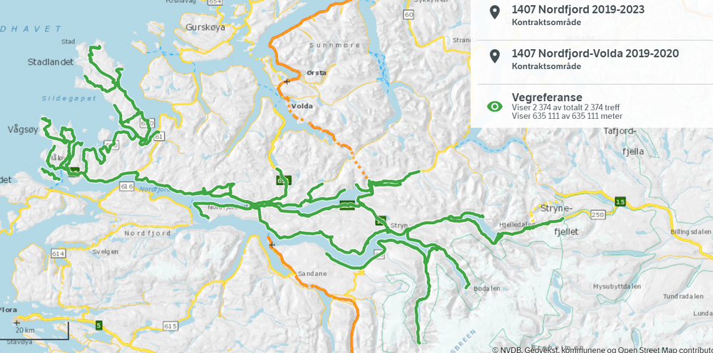 Kartet viser de fleste av vegene i driftskontrakt 1407 Nordfjord for 2019-2023.
