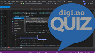 Skjermbilde fra Visual Studio 2019, med digi-quiz-logo oppå.