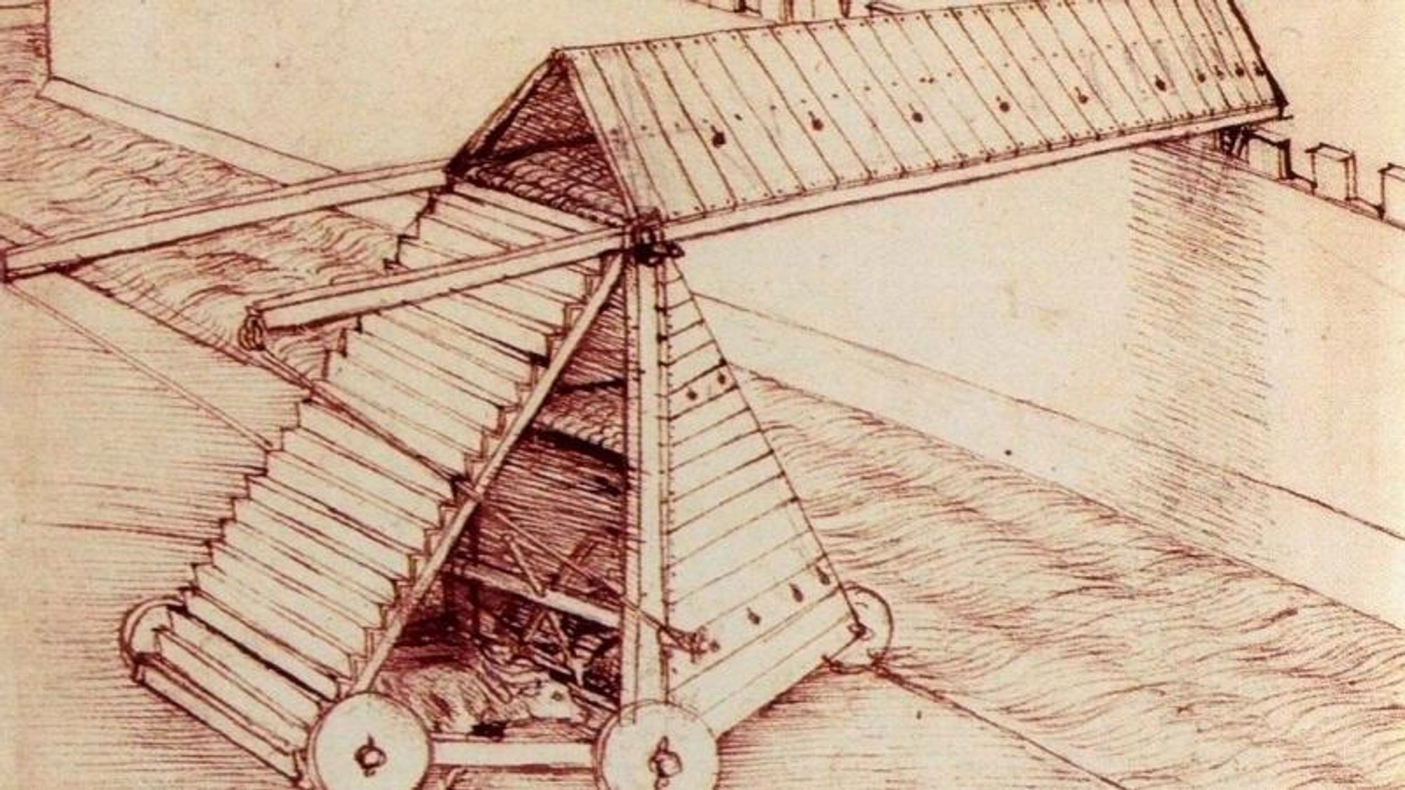Leonardo framhevet gjerne kunnskapen sin om maskiner til krigføring. Her er en skisse fra ca. 1481 av en konstruksjon som skulle brukes i forbindelse med beleiringer.
