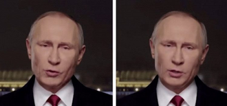 Skjermbilde fra virkelig vs. falsk video av Putin.