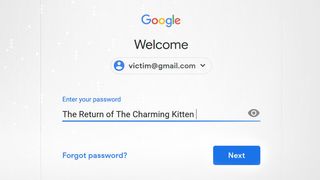 Innlogging hos Google hvor passordet vises i klartekst og er oppgitt til å være «The Return of The Charming Kitten».