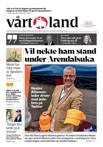 Forsiden av Vårt Land 23. mai 2019.