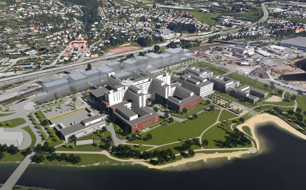 Slik vil det nye sykehuset på Brakerøya i Drammen ligge. Tomta skal heves med 3,4 meter for å sikre sykehuset mot flom.