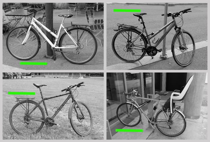 Montasje av fire svart/hvitt-bilder av ulike sykler. Alle har en grønn strek på bildet. Ved hjelp av disse bildene skal du lære ordet «sykkel» på et fremmed språk. Men hva om du tror ordet betyr «grønn strek»?