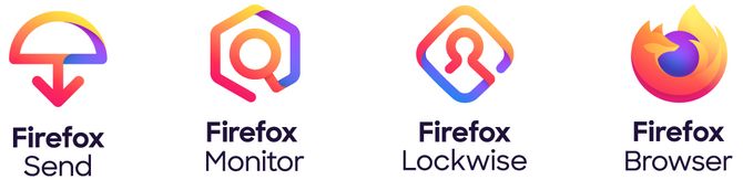 De fire nye logoene som representerer Firefox-produktene Send, Monitor, Lockwise og Browser.