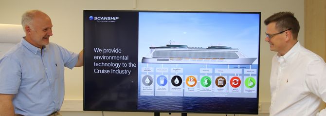 Cruiseskip er som hele byer på et relativt lite område. Det gjelder å behandle alt på lite plass og utnytte ressursene. Pål Jahre Nilsen (t.v.) og Asgeir Wien utvikler mer og mer avanserte avfallssystemer til cruiseskip. Delre av teknologien tas nå til landanlegg.
