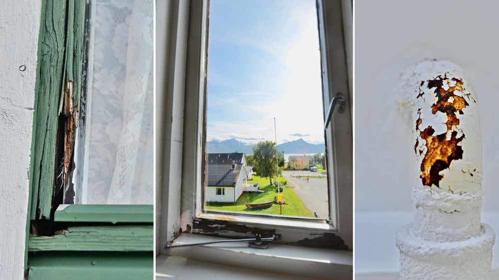 Steigen kommune har vakker natur, men slitne kommunale bygg. Til venstre ser vi vinduet til en av kommunens eldreboliger, hvor karmen har råtnet helt gjennom. I midten er utsikten fra Nordfold barneskole. Til høyre er et rør på rådhuset, som har rustet på grunn av lekkasje på rådhustaket.