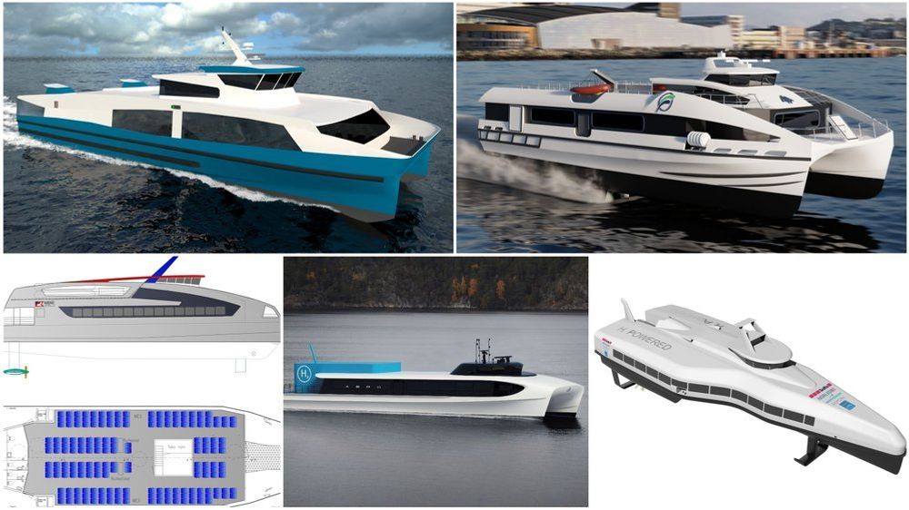 Fem nullutslippskonsepter for hurtigbåter ble presentert i september 2019: Øverst f.v.: Transportutvikling, Flying Foil og NTNU Technology Transfer. Nederst f.v.: Rødne Trafikk, Brødrene Aa, Selfa Arctic