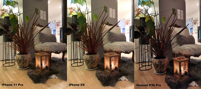 Innendørsbilder tatt på kvelden med (fra venstre) iPhone 11 Pro, iPhone XS og Huawei P30 Pro. Klikk for å vise større bilde. 
