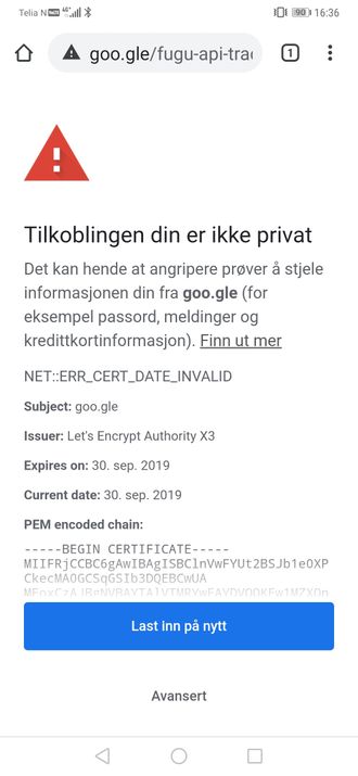 Advarsel om at sertifikatet på domenet goo.gle er utgyldig.