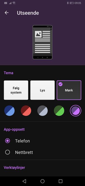 De nye innstillingene for fargetemaer i Opera for Android.