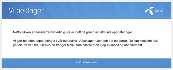 Nettbutikken til Telenor melder om tekniske oppdateringer selv om det høst sannsynlig er tekniske problemer som er årsaken til at nettbutikken ikke virker.