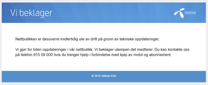 Nettbutikken til Telenor melder om tekniske oppdateringer selv om det høst sannsynlig er tekniske problemer som er årsaken til at nettbutikken ikke virker.