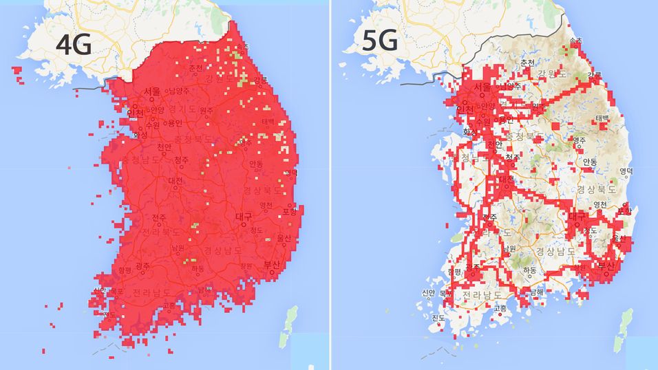 Dekningskart over 4G og 5G fra operatøren KT. Bildet til høyre viser operatørens foreløpige 40.000 steder med 5G-dekning. 4G-dekningen i landet er også verdens beste i sitt slag.