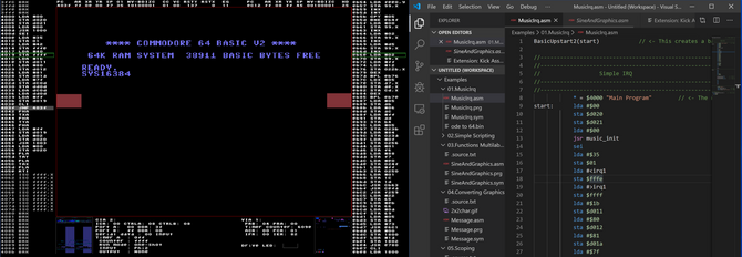 Ett av eksempelprogrammene som følger med Kick Assembler kjører i C64-debuggeren, som startes opp ved å trykke Fn+F5 på Mac. Dette eksempelet setter opp en enkel raster-interrupt som skifter farge på deler av borderen, og samtidig også spiller musikk i bakgrunnen.