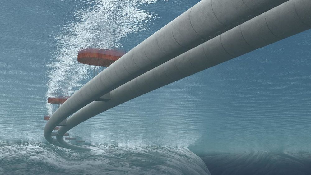 Rørbru i bue, forankret til pontonger på overflaten. En slik flytende rørbru er et av alternativene for kryssing av fjorder langs E39-traseen. Bygges den, vil det bli verdens første i sitt slag.