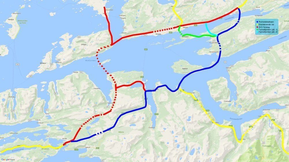 En mulig trase for Romsdalsaksen merket i blått, mens Møreaksen er i rødt.