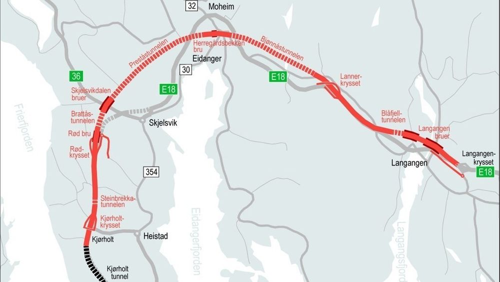 E18-traseen mellom Langangen og Kjørholt.  Kryssene man har blitt enige om, er helt til venstre i kartet.