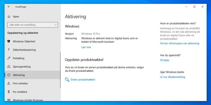 Aktiveringsseksjonen i innstillingene i Windows 10.