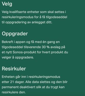 Informasjon om Sonos' innbytteprogram på selskapets norske nettsider.