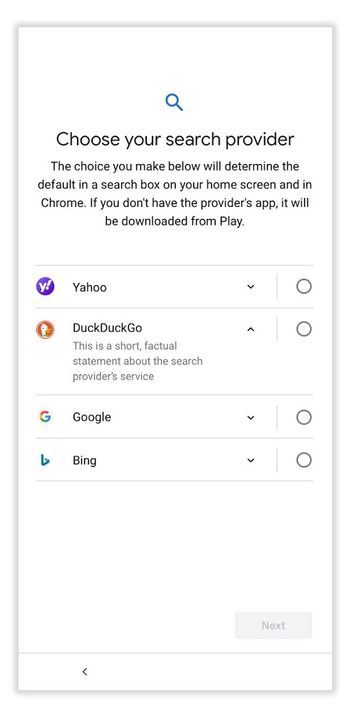 Omtrent slik vil valgskjermen for standard søkemotor i Android se ut.