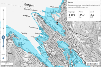 Visualisering fra Kartverket om stormflo og fremtidig havnivå