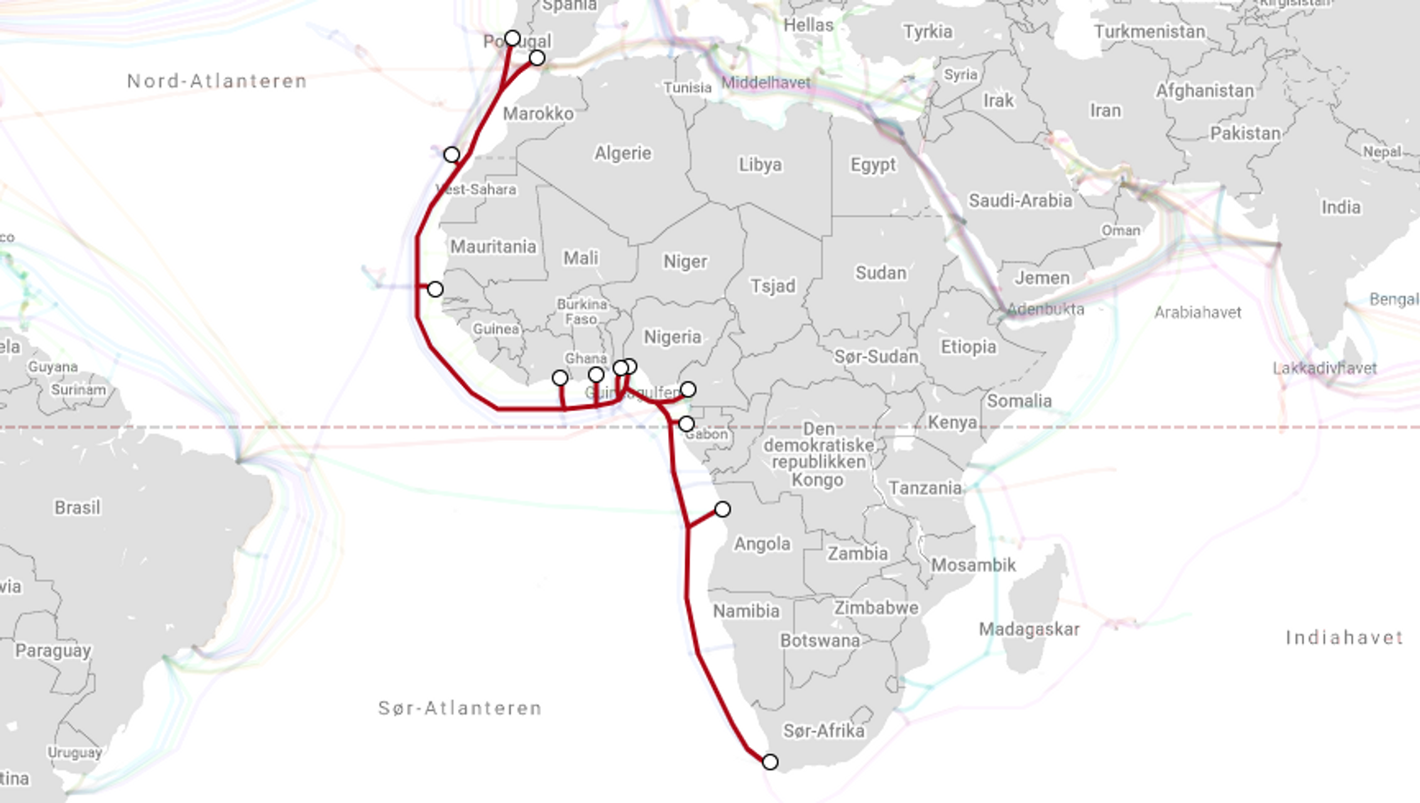 SAT-3/WASC er ett av to kabelsystemer som er skadet. Begge fører internettrafikk mellom Europa og hele Afrikas vestkyst.