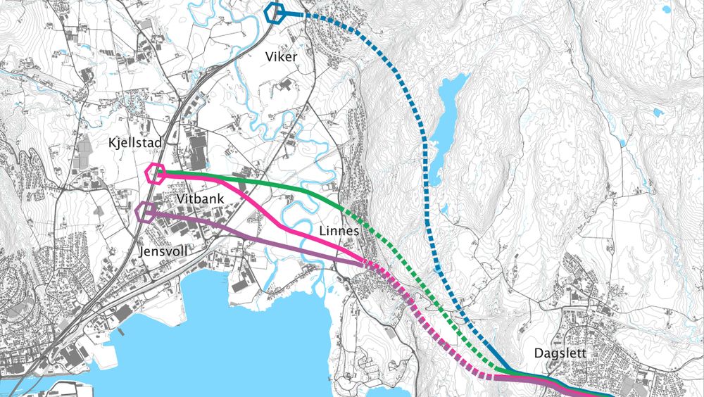 De fire aktuelle korridorene for den nye E134-strekningen fra Dagslett til påkoblingen mot E18 øst for Drammen. Viker-korridoren går lengst til høyre på kartet. Stiplet linje betyr tunnel. Heltrukket linje er vei i dagen.