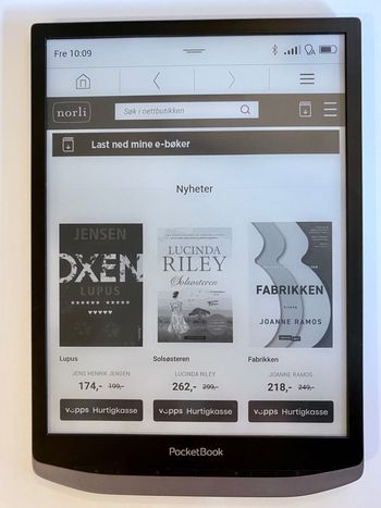 Norlis ebok-butikk er standard på Inkpad X-modellene som selges i Norge. Den er integrert med Bokskya, så du kan laste ned bøker du har kjøpt i andre norske ebok-butikker.