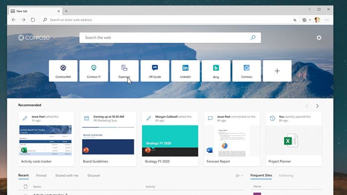 Ny fane-siden kan tilpasses med informasjon fra bedriftens eget intranett, filer fra Office 365 og samtaler fra Microsoft Teams.