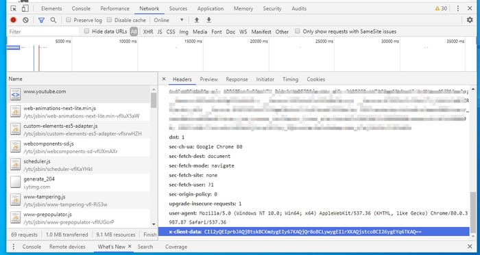 X-Client-Data-headeren som Chrome sender til Googles nettsteder. Her vist i utviklerverktøyet til Chrome i forbindelse med et besøk på YouTube.