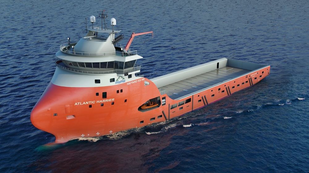 Illustrasjonen viser et forsyningsskip med Havyard 833 WE design.